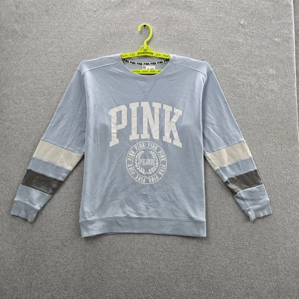 PINK Victoria's Secret Women Sweatshirt L Light Blue Colorblock Crew Neck Campus